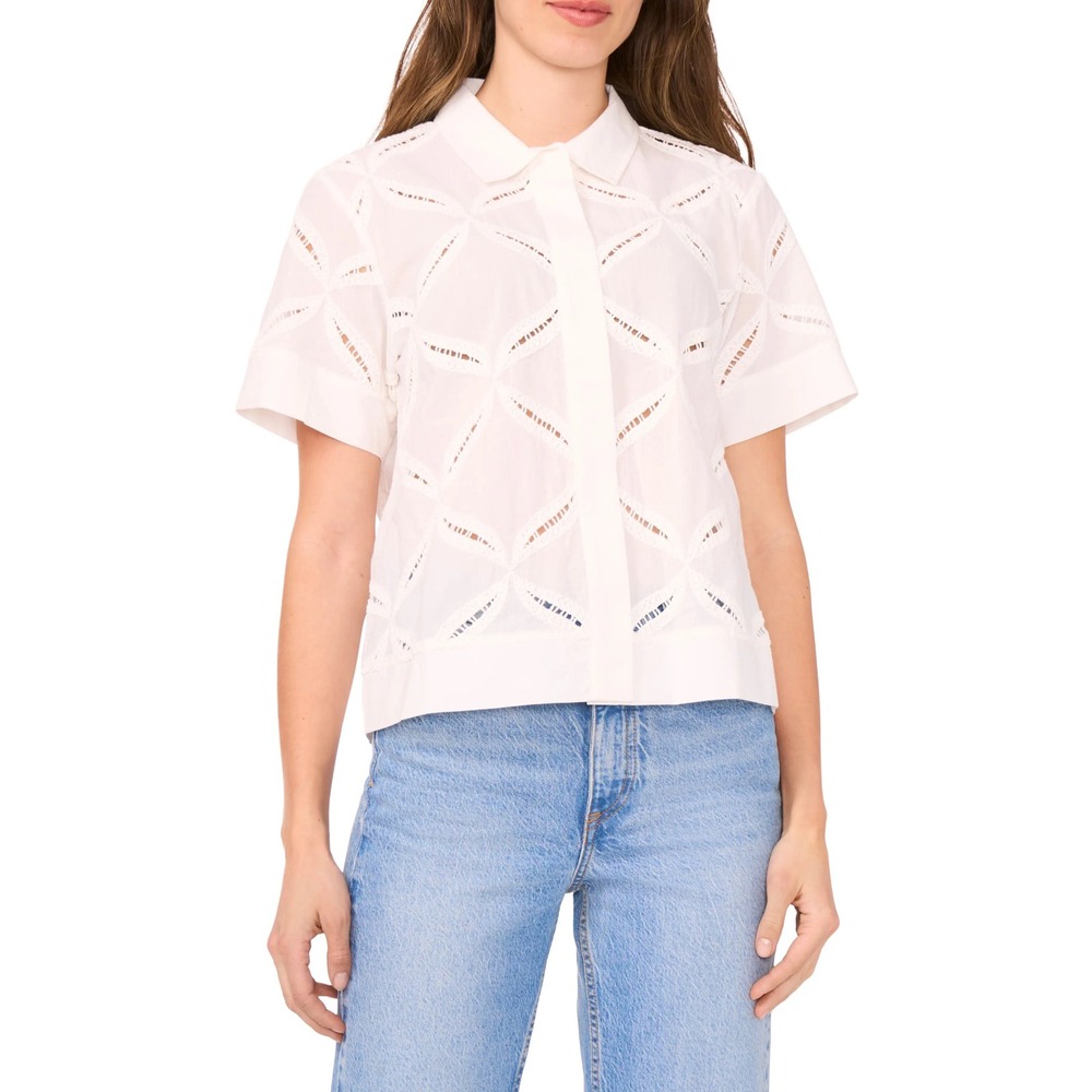 Halogen Boxy Eyelet Shirt Ladder Stitch Cotton Button-Up White Coastal Preppy